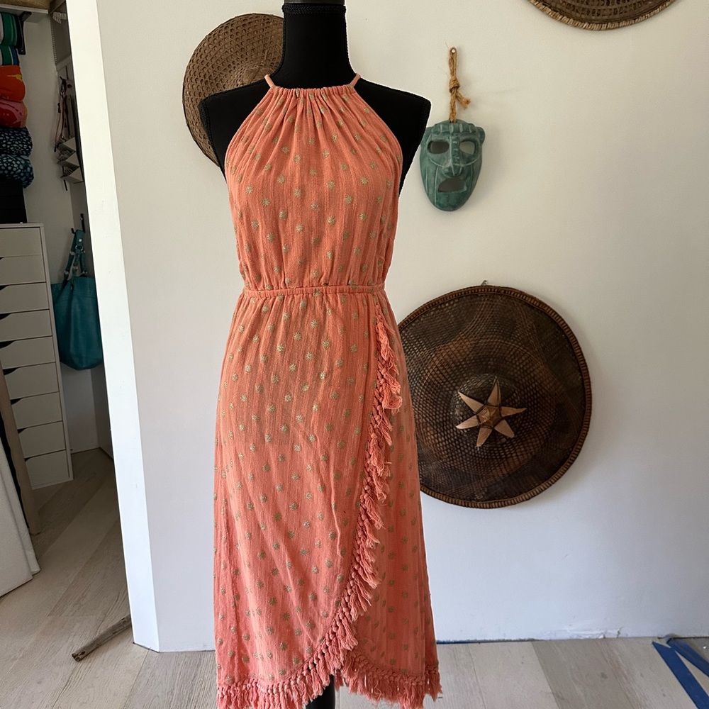 Revolve dress. Small, shimmery polka dots, faux rap around.